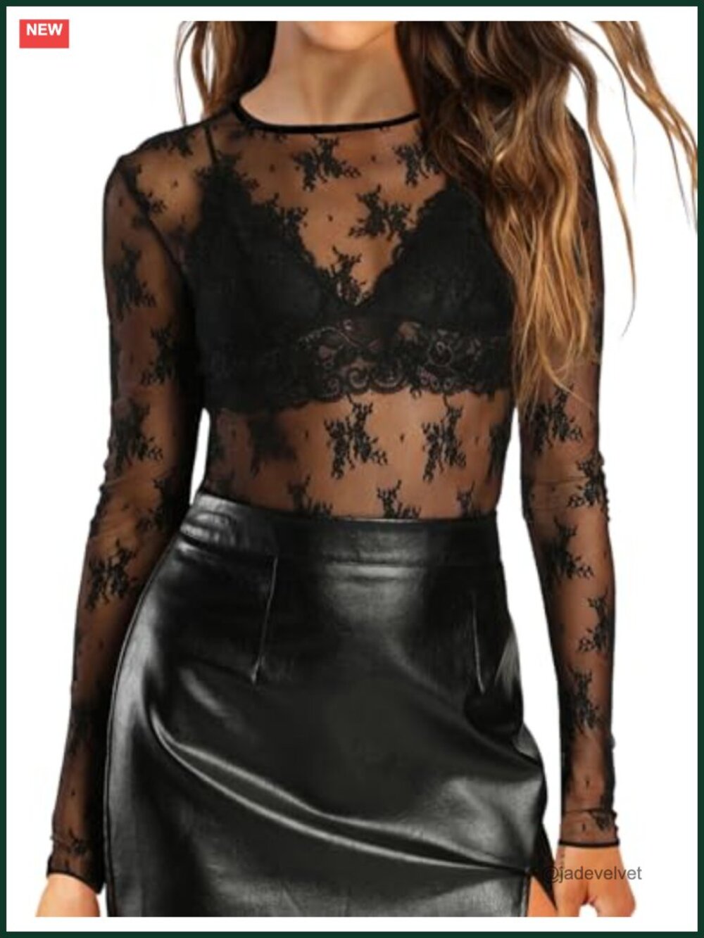 Sheer Mesh Long Sleeve Top Crew Neck Floral Lace Blouse